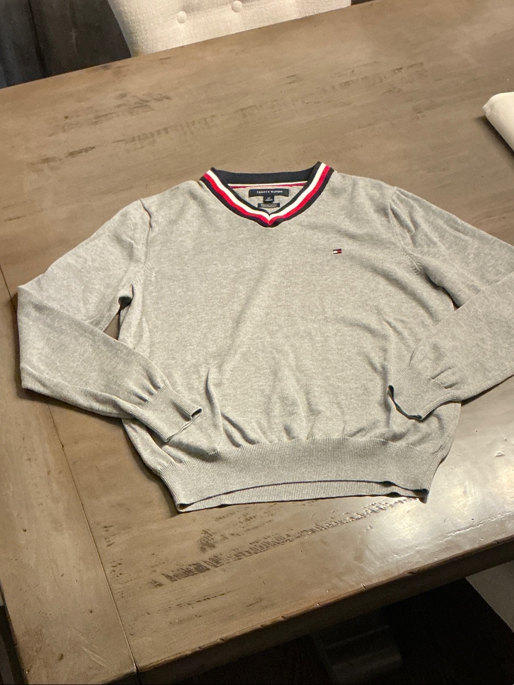 Tommy Hilfiger Heather Gray V-Neck Sweater with Red, White & Navy Trim